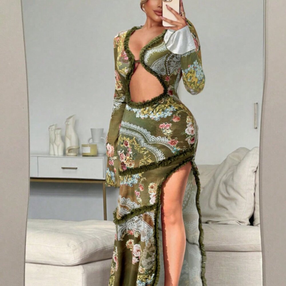 green long sleeve tropical maxi dress